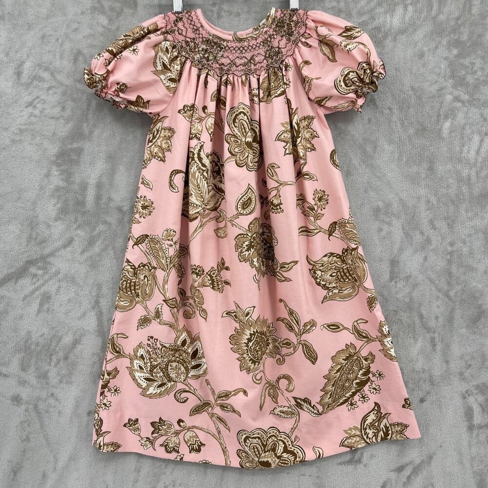 Le' Za Me Hand Smocked Pink Floral Puff Sleeve A-line 100% Cotton Dress
